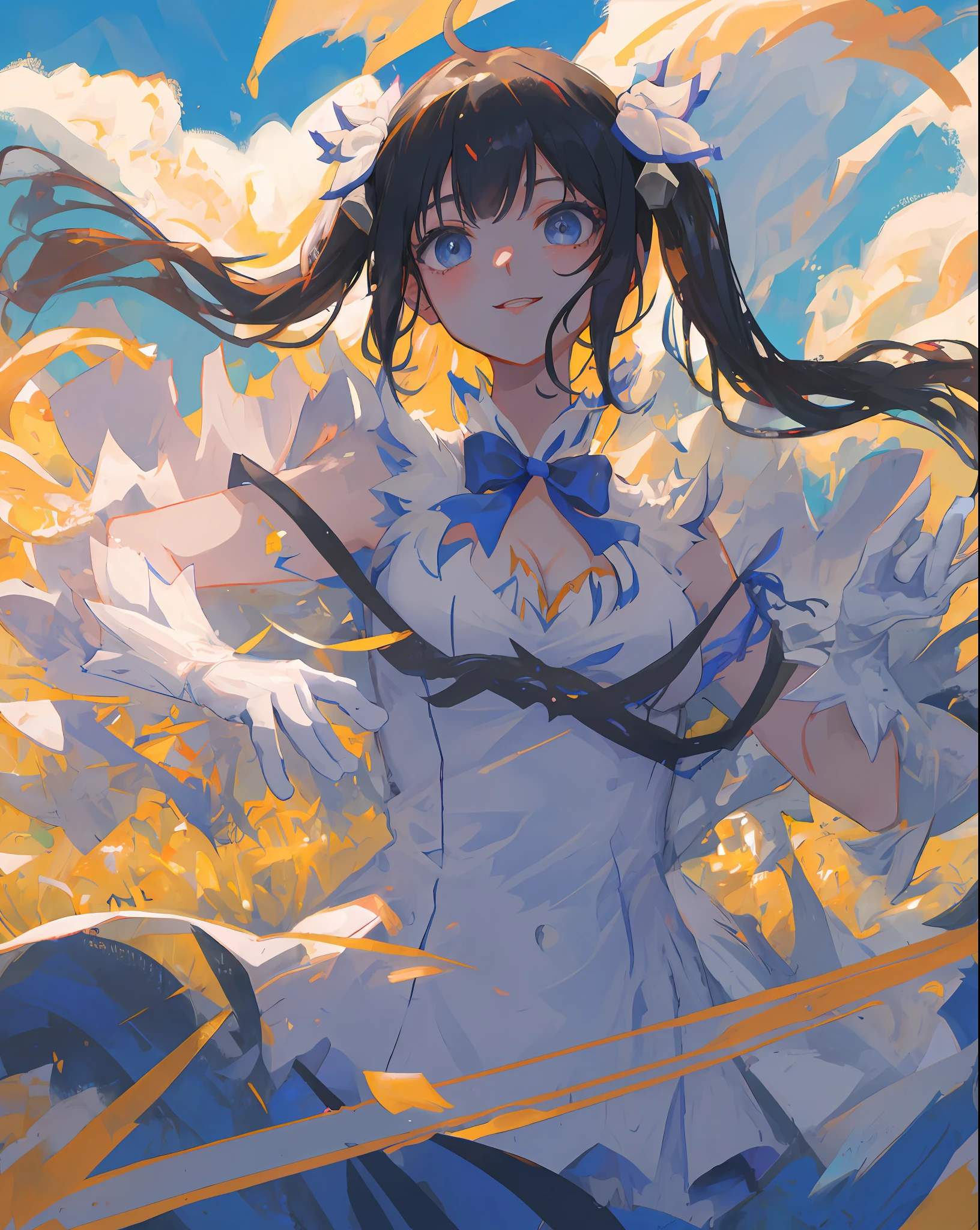 MKSKS style, Masterpiece, Top quality, Long eyelashes, Eyeliner, Eyeshadow, Mascara, Colorful, Pink lips, Deep skin, Look at the viewer, Outstanding smile, Upper body, Curvaceous, Hestia (Danmachi), 1girl, Breasts, Solo, Long hair, Blue ribbon, Twin tails, Gloves, Ribbon, Dress, Lei's pimp, Big, Blue eyes, Black hair, White gloves, Cleavage, white dress, look at the viewer, closed mouth, hair ribbon, bow, sleeveless, sleeveless dress, bangs, blush, cleavage cutouts, hair ornaments, bow ties, clothes clippings, very long hair, covered navel, arm ribbons, shiny skin, outdoors, meadow, blue sky, cloudy sky, tight, taut dress, chest focus, upper body, super detail, illustration, close-up, straight, portrait, face focus, :p,