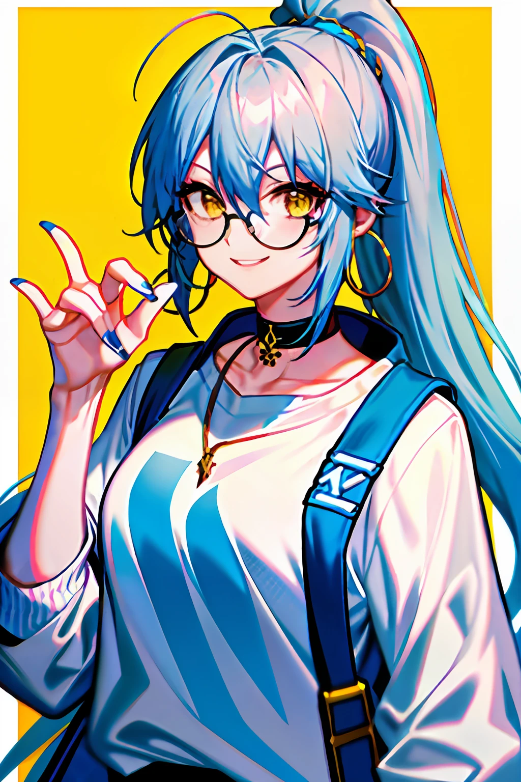 (Masterpiece:1.2, Best quality), 1lady, Solo, Upper body, lightblue hair, Long hair with a high ponytail,Yellow eyes,Gold-tone round-rimmed glasses,Clothing: Oversized,  Wear it with basketball jersey sneakers, Accessories: shairband,silver hoop earrings and a black choker necklace, Brilliant vision,playground,grinning smile