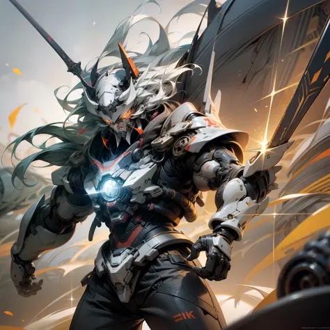 （Ultra detailed CG Unity 8k Ultra HD wallpaper，）Super high quality,（Modern technology/The style of futuristic technology），Lü Bu is a three-dimensional and gorgeous hero，With the halberd of the apocalypse，（It's like high-tech from the future。）