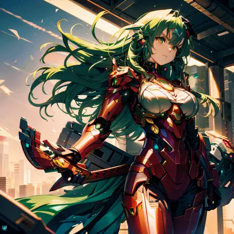 Anime girl with green hair and sword in the city, girl in mecha cyber armor, cyberpunk anime girl mech, Mechanized Valkyrie girl...
