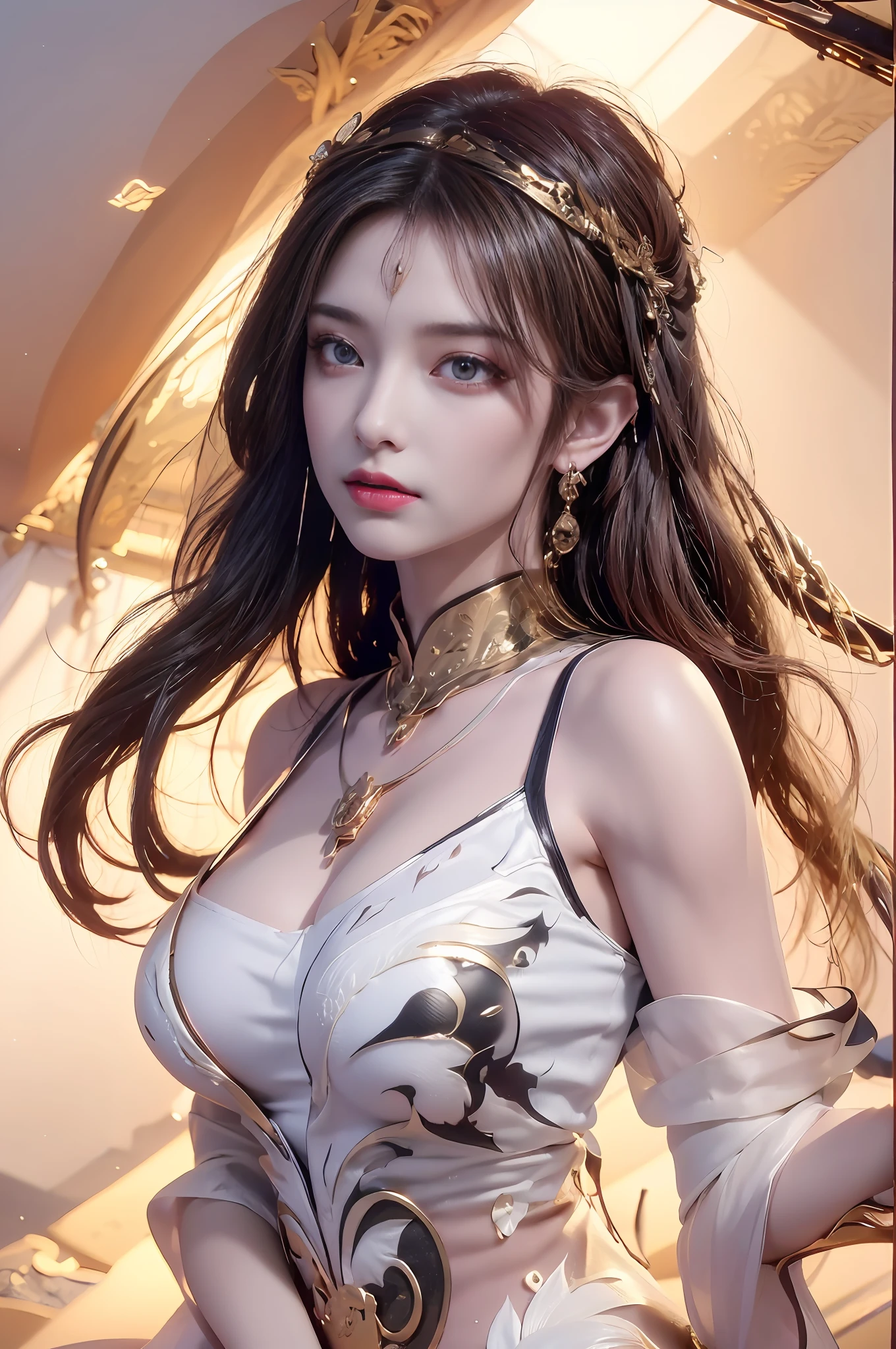 (Masterpiece), (Best Quality), (Super Delicate), (Illustration), (Extremely Delicate and Beautiful), (Dynamic Angle), Gold and White Highlights, (Legendary Chinese Dragon), Anthropomorphic, Chinese Dragon, (intricate details) (beautiful and delicate eyes), delicate face, half body close-up, messy floating hair, messy hair, head decoration, (feminine and lovely), focus, (fantasy style), golden and white Clothes, (intricate details), 20, best quality,highly detailed,masterpiece,ultra-detailed,(realistic:1.2), 1girl,Delicate eyes,silver hair, purple eyes,hair_ornament,(white off-shoulder shirt:1.3),long hair,pointy_ears,crown_braid,expressionless,Straight hair,(++sitting:1.2), breasts, yellow hair, eyes purpose,