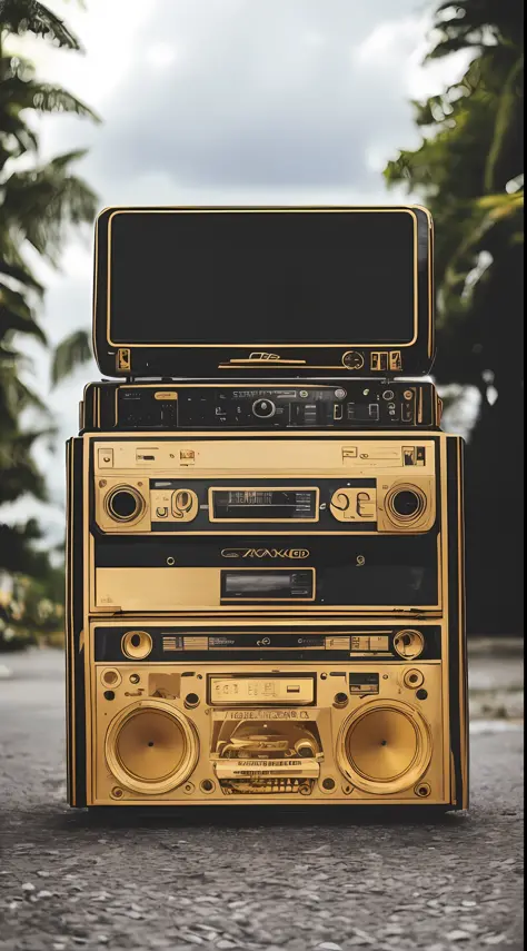 a big boombox from the 80s, au milieu du cadre, une boombox funky gold et noirmat (vintage look) avec des autocollants dessus et...