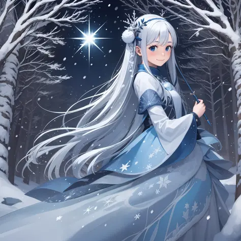 theme：「Winter Wizard」
Background with：In the snow-covered forest。Fantastic atmosphere。
Camera Angle：Diagonal up from behind。Woman wields a magic wand、Show a warm smile。
ornament detached：Icy dresses with silver and blue accents and ice ornaments。