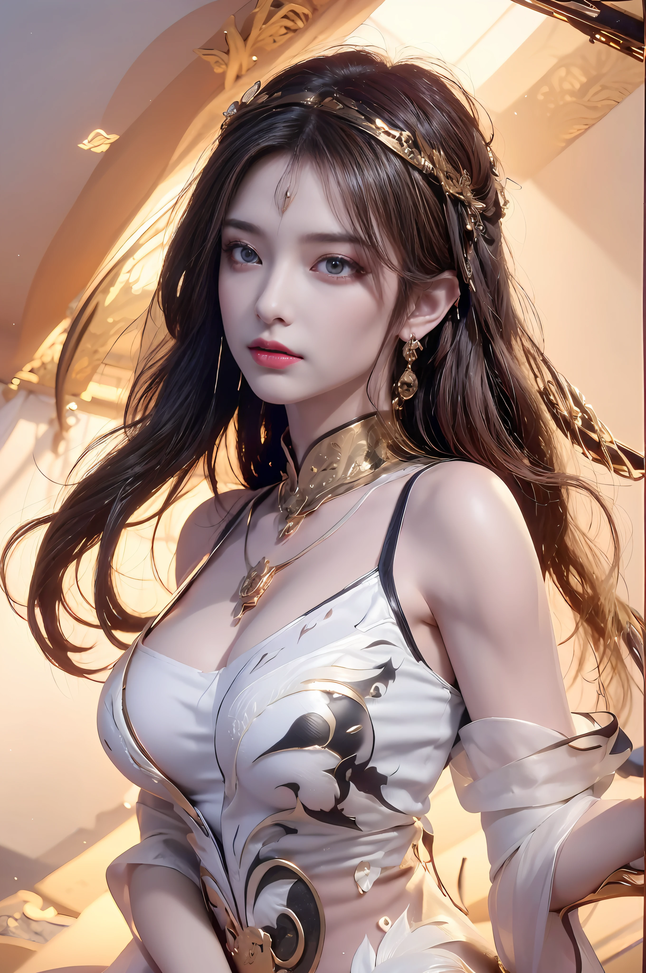 (Masterpiece), (Best Quality), (Super Delicate), (Illustration), (Extremely Delicate and Beautiful), (Dynamic Angle), Gold and White Highlights, (Legendary Chinese Dragon), Anthropomorphic, Chinese Dragon, (intricate details) (beautiful and delicate eyes), delicate face, half body close-up, messy floating hair, messy hair, head decoration, (feminine and lovely), focus, (fantasy style), golden and white Clothes, (intricate details), 20, best quality,highly detailed,masterpiece,ultra-detailed,(realistic:1.2), 1girl,Delicate eyes,silver hair, purple eyes,hair_ornament,(white off-shoulder shirt:1.3),long hair,pointy_ears,crown_braid,expressionless,Straight hair,(++sitting:1.2), breasts, yellow hair, eyes purpose,