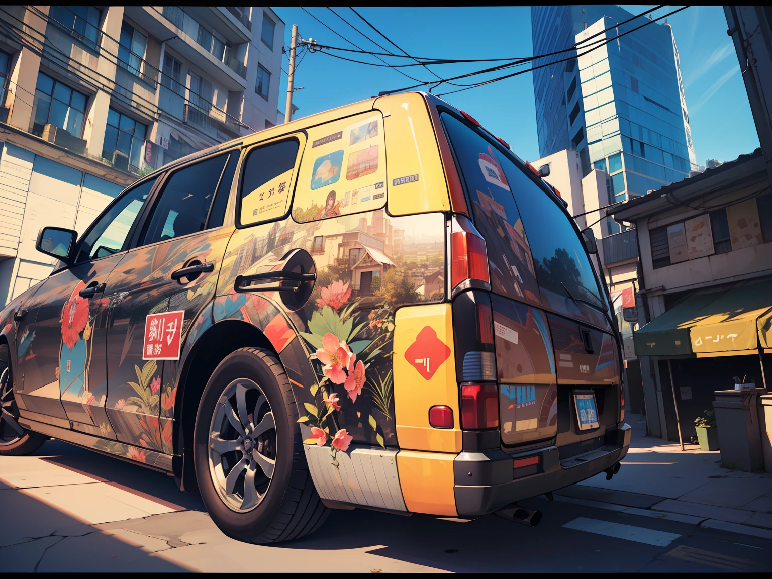 Arafed van with a floral design parked on a city street - SeaArt AI