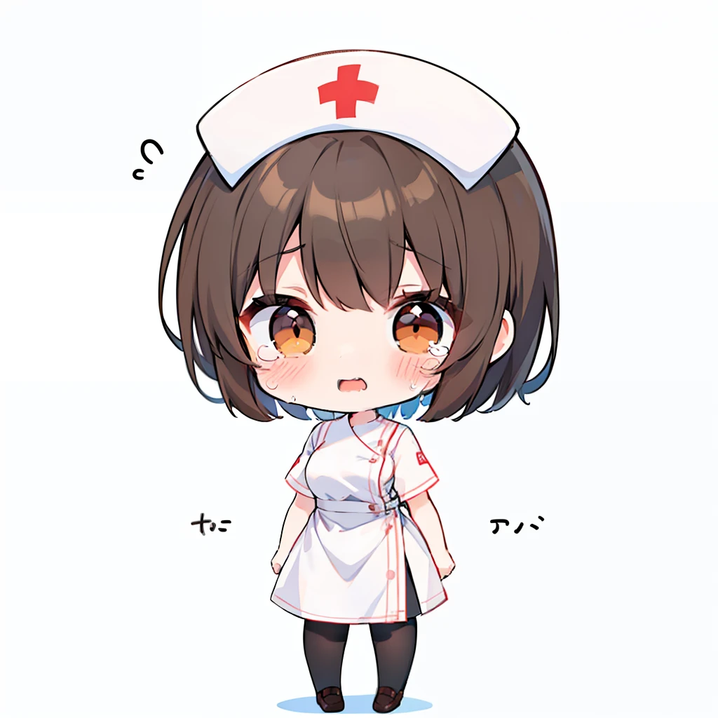 (a very cute and beautiful chibi anime girl), best quality, ultra detailed, 1girl, solo, standing, brown hair, short hair, brown eyes, bangs, medium breasts, ((is wearing white nurse uniform)), stare, white loafer, crying, looking at viewer, simple flat background