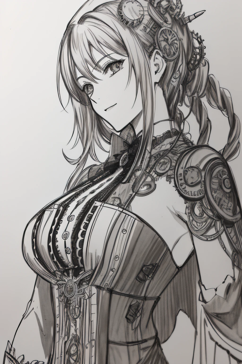 An awe-inspiring greyscale pencil sketch capturing the enigmatic Makima from the manga series Chainsaw Man, showcasing her in a detailed portrait that extends till her torso. Makima is portrayed wearing an exquisite steampunk dress, intricately adorned with gears, chains, and ornate patterns. The sketch showcases the stunning details of her dress, the folds and textures, as well as the precise shading that brings depth to her form. The sketch is rendered in 4K HDR, allowing for impressive visual clarity and contrast. The background is kept minimal, drawing attention to Makima's striking presence and captivating steampunk aesthetics. Style: Detailed pencil sketch with meticulous attention to linework, shading, and texture, capturing the essence of Makima's steampunk dress. Execution: Created using high-quality pencils on fine-grained paper, employing various shading techniques to achieve lifelike depth and intricacy. --ar 1:1 --v