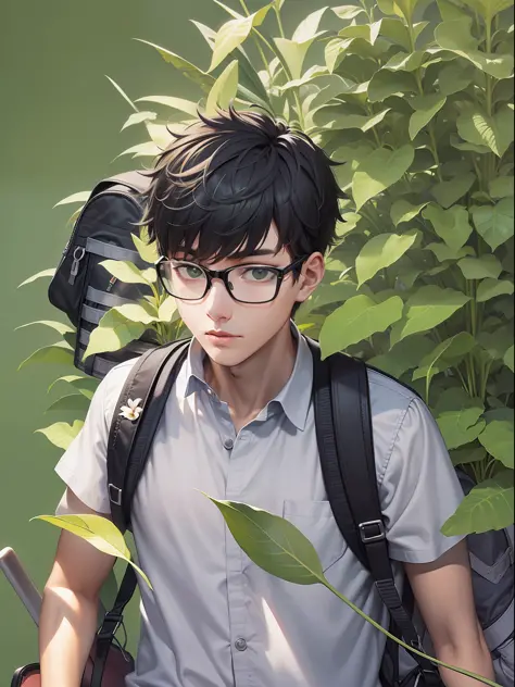 a 17 years old tennager male, wearing black frame glasses, shirt, exercising plants, thin body type, carries a backpack, green b...