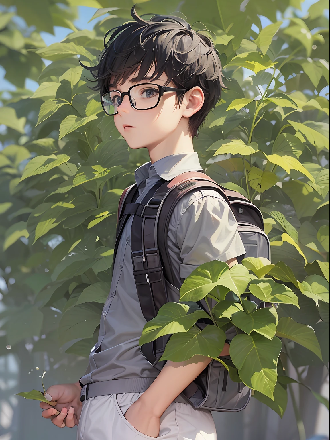 a 17 years old tennager male, wearing black frame glasses, shirt, exercising plants, thin body type, carries a backpack, green background, black hair, masterpiece, ccurate, anatomically correct, best quality, high details, highres, HD