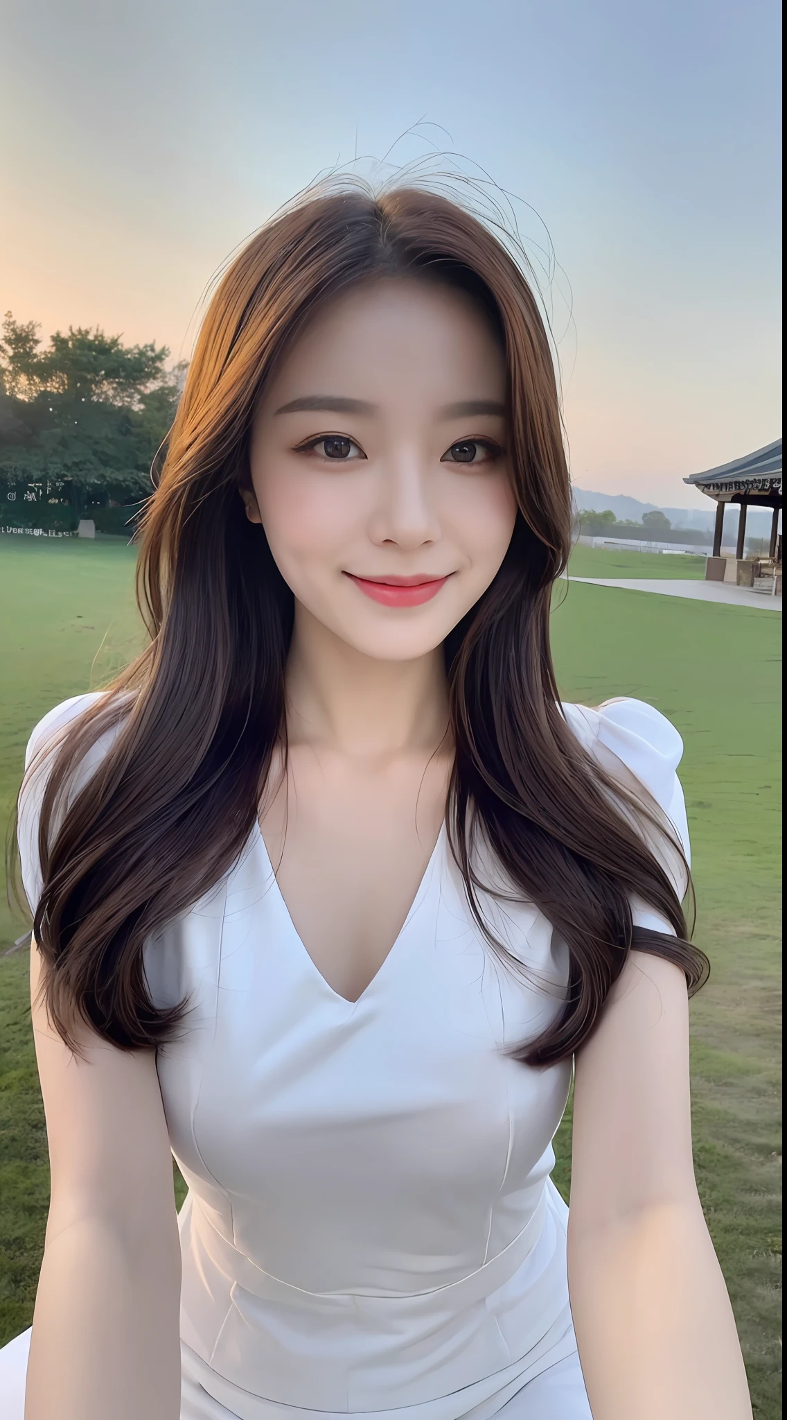 (1 Korean star with royal sister style), ((Best quality, 8K, 巨作: 1.3)), focal point: 1.2, Perfect body proportions: 1.4, (Make a smile), (Sunset: 1.3),  Watery eyes, Highly Detailed Face and Skin Textur, Fine eyes, Double eyelids, Whitens the skin, (long whitr hair, Air bangs: 1.3), (Round face inches: 1.5), (Dress 1.4), （Sketch 1:2，） （On the green lawn, the blue sky and white clouds are half seated，baiyun，suns，The scenery is exceptionally beautiful）