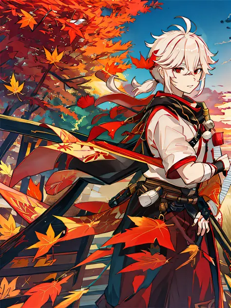 Sunset, maple leaves falling, white hair, a strand of red hair, Japanese samurai clothes, Shinkai Makoto-style sky, looking back
