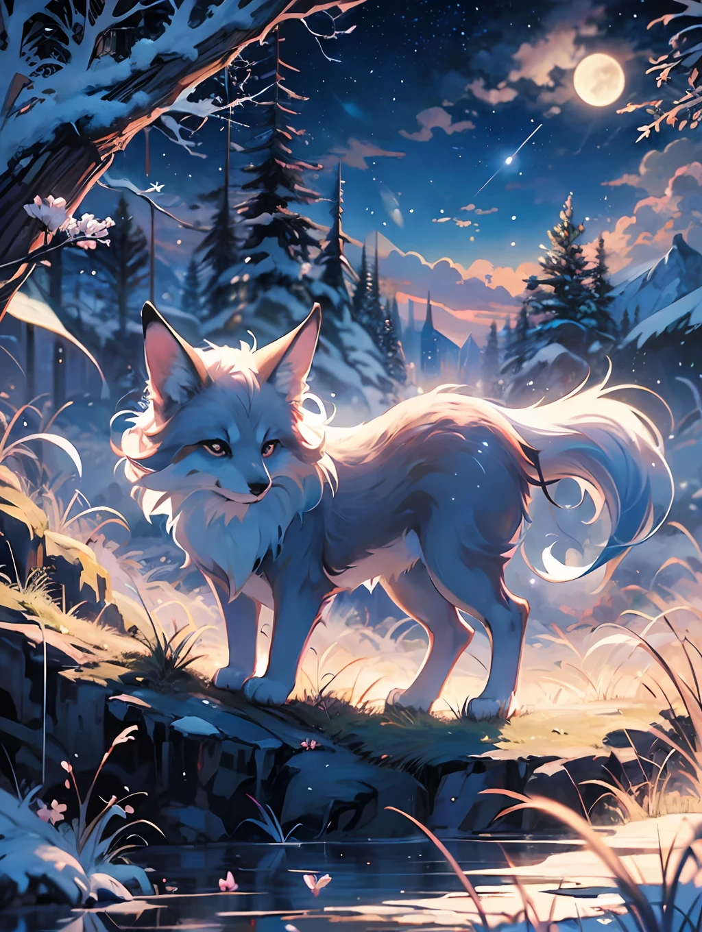 动漫九尾狐 with blue eyes and forest in the background, 动漫九尾狐, anime visual of a 可爱的 fox, 实际的, 可爱的 detailed digital art, 动漫艺术壁纸 4k, 动漫艺术壁纸4k, 非常非常漂亮的毛茸茸的艺术, 晚上 紫色 蓝色 天空, 星空, 4k漫画壁纸, 可爱的 ,动漫艺术壁纸 8k