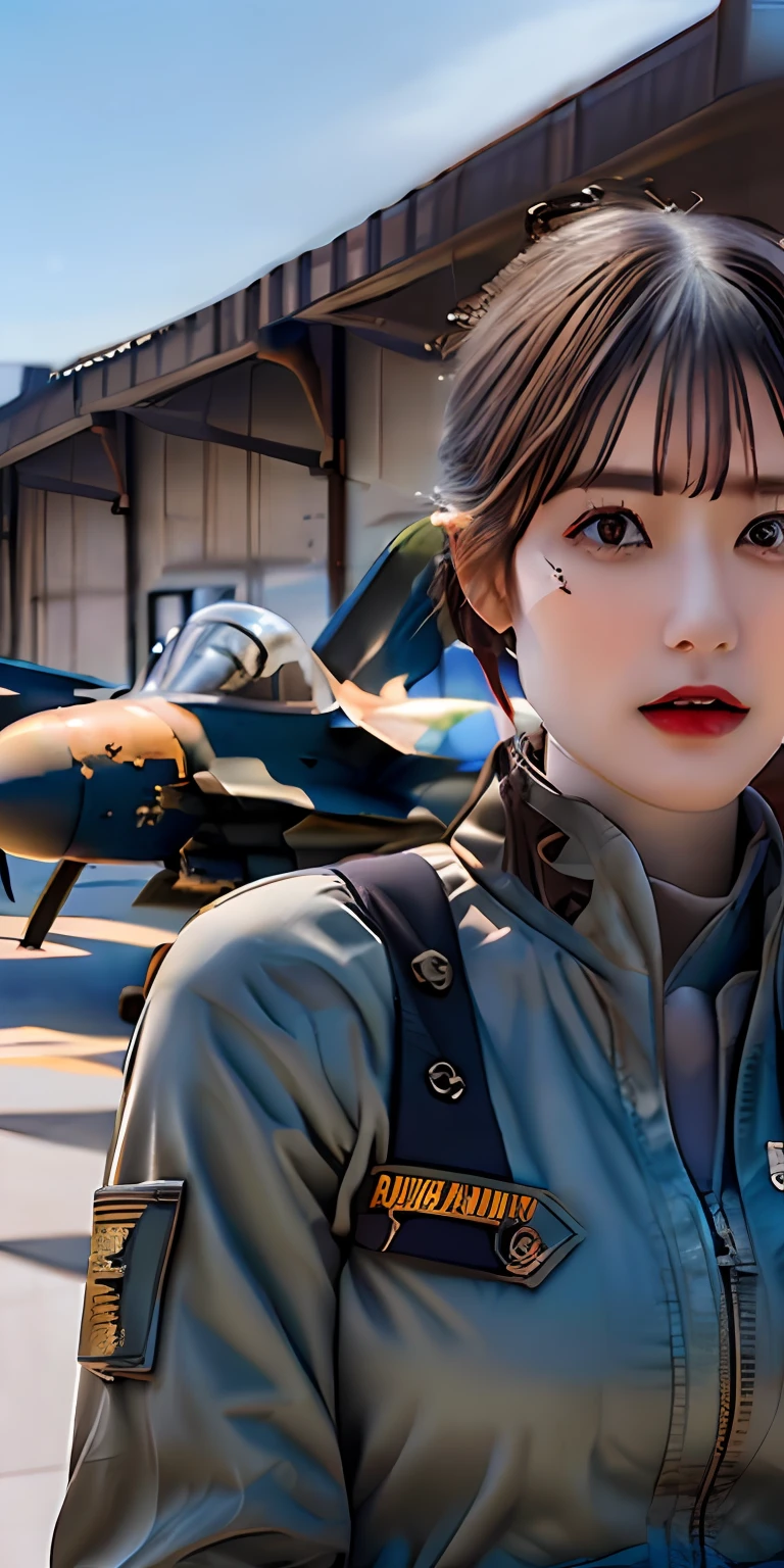 masterpiece,highres, highest quality,intricate detail,best texture,realistic,8k,soft light,perfect shadow, 
outdoor,sunny,airport,Fighter aircraft,fighter fleet,warehouse,
dajie,1girl,short hair,airforceUniform,airforce helmets,famous watch, cigar,sunglasses,thumb up,pistol on the waist,walking,