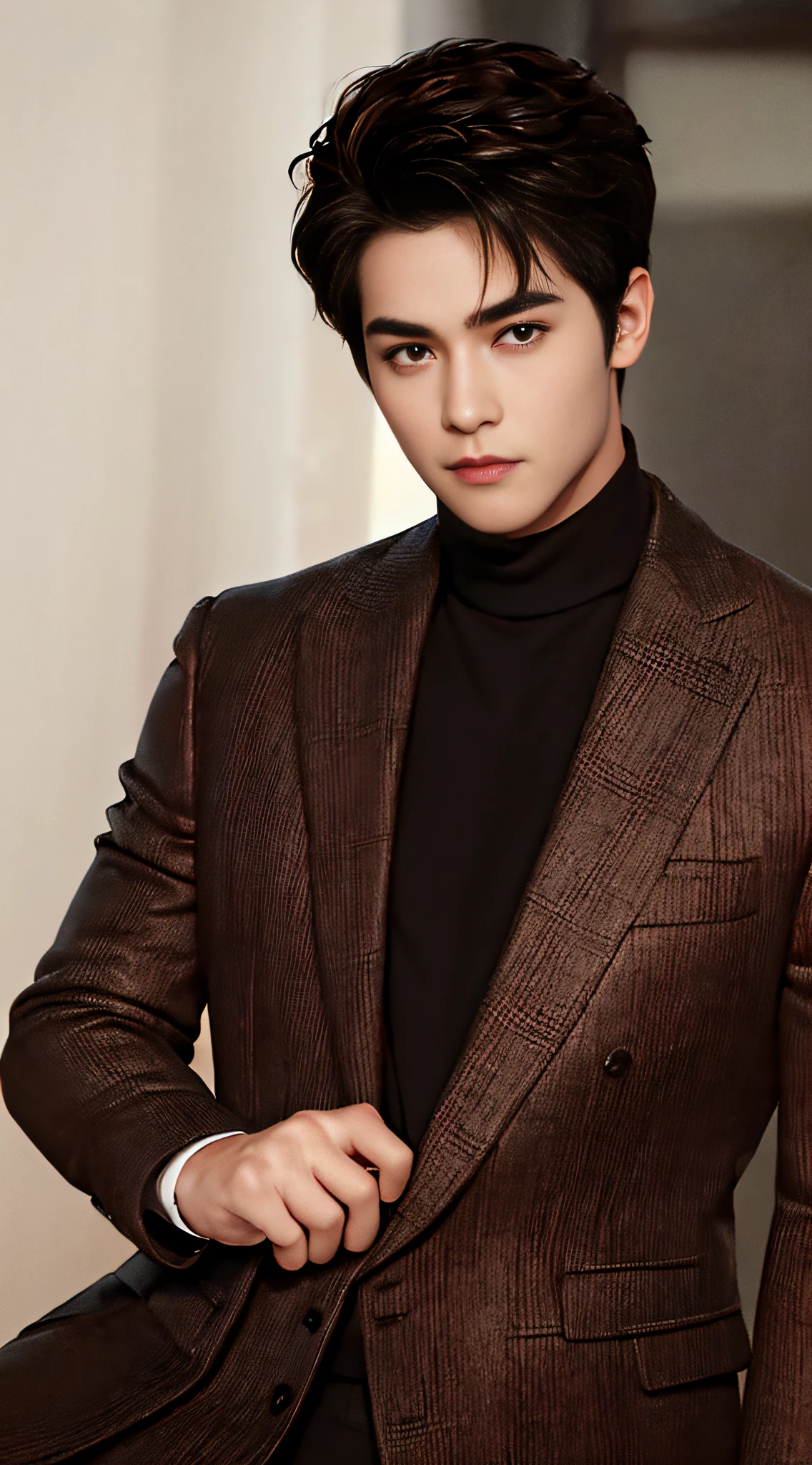 Most Best Illustration，best qualtiy，Magnificent background，malefocus，with brown skin，1 boy，squating，solo，黑The eye，Look at the viewer portrait，with short black hair，are standing，looking to the camera，asian man，30-year-old rather muscular man in a suit，tmasterpiece，top-quality，8K  UHD，Digital SLR，Realistic painting art，Thick and dignified curved eyebrows，The eyes are clear and large， Chiseled face， large nose，wide forehead，with brown skin，黑The eye