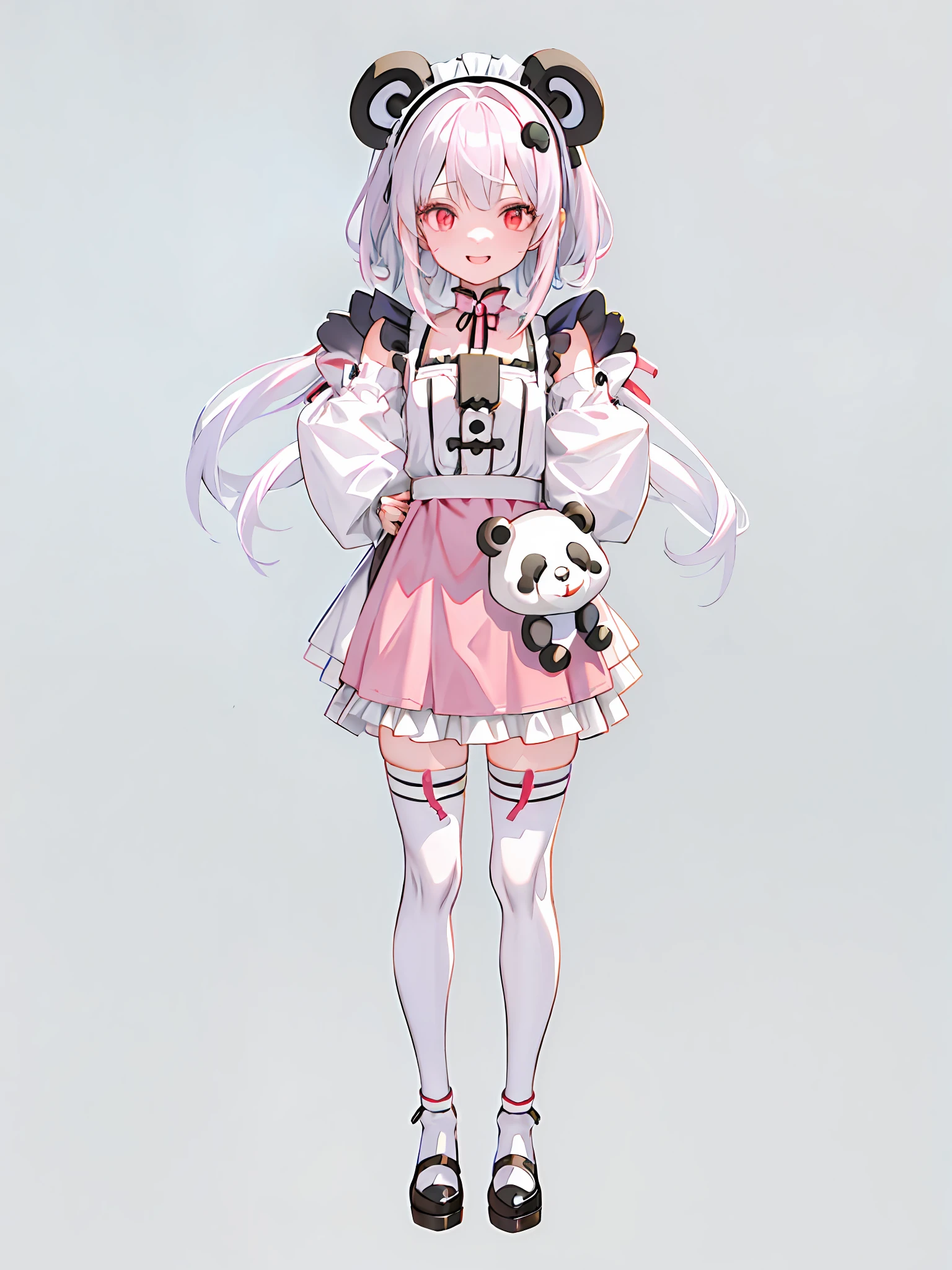 Anime girl with panda bear holding pink purse, A lovely 2D，Rendering of the Q version of anime girls, render of april, highly detailed whole body, small  girl, inspired by Ma Yuanyu, highly detailed character, anime girl in a maid costume,