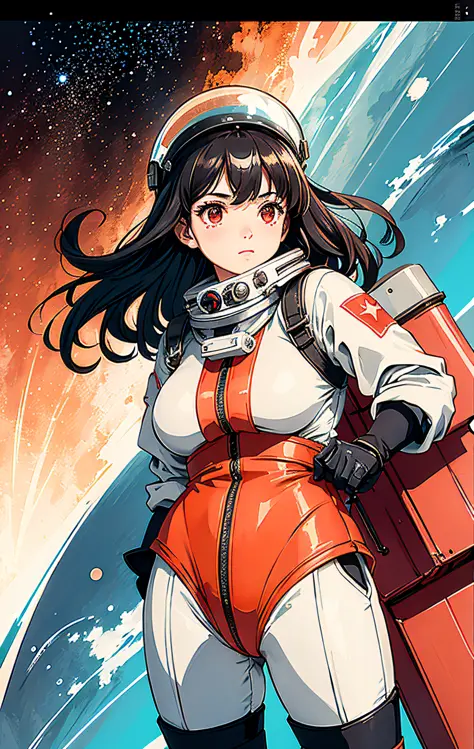 1girl,flat_breasts,cute,beautiful detailed eyes,shiny hair,visible through hair,hairs between eyes, CCCPposter, sovietposter,red monochrome,soviet poster, soviet,communism,
Black_hair,red_eyes,vampire,teenage,poorbreast,Spacesuit:Orange_clothing_body:jumps...