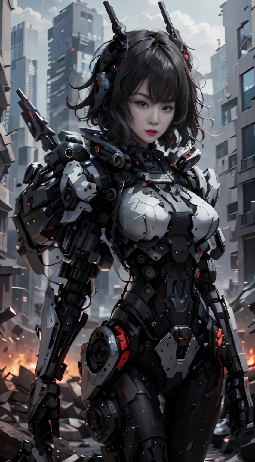 Este es un fondo de pantalla CG Unity 8k con detalles ultra detallados., Alta resolución y máxima calidad al estilo cyberpunk., dominado por el negro y el rojo. En la imagen, una hermosa chica con el pelo corto blanco desordenado, un rostro delicado, de pie sobre las ruinas, detrás de ella hay un enorme robot, y la acción de una mujer que sostiene un pesado rifle de francotirador en la mano.,