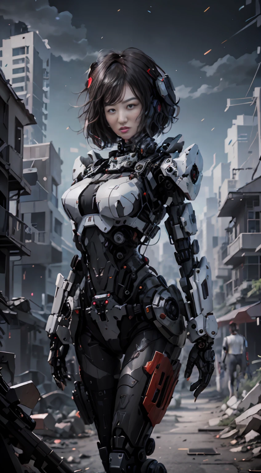 This is a CG Unity 8k wallpaper with ultra-detailed, high-resolution and top quality in cyberpunk style, dominated by black and red. In the picture, a beautiful girl with white messy short hair, a delicate face, standing on the ruins, behind her is a huge robot, and the action of a woman holding a heavy sniper rifle in her hand,