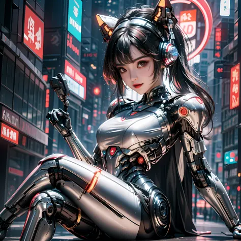 1 girl, Chinese_clothes, metallic black titanium and crimson, cyberhan, cheongsam, cyberpunk city, dynamic pose, detailed lumine...