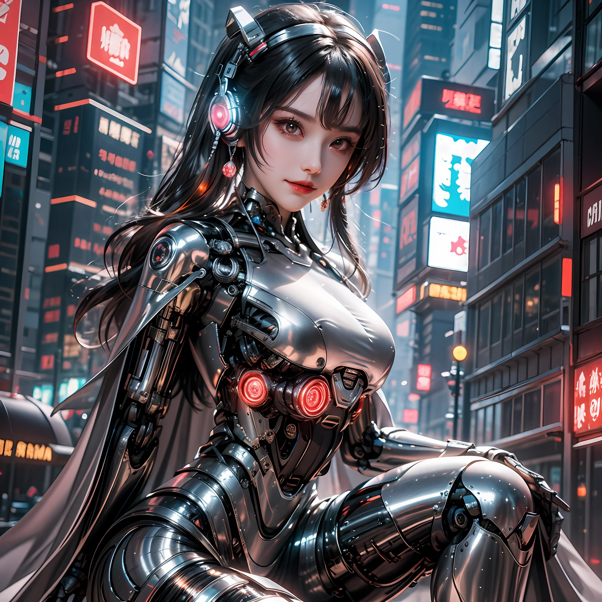 1 girl, Chinese_clothes, metallic black titanium and crimson, cyberhan, cheongsam, cyberpunk city, dynamic pose, detailed luminescent headphones, luminous hair accessories, long hair, luminous earrings, glowing necklace, cyberpunk, high-tech city, full of mechanical and futuristic elements, futurism, technology, glowing neon, red, red light, sexy skirt, transparent black cape, laser light, digital background city sky, big moon, with vehicles, best quality, masterpiece, 8K, Character edge light, super high detail, high quality, the most beautiful woman in human beings, smile, face facing forward and left and right symmetry, ear corner decoration, long antenna glow, beautiful pupils, light effects, visualization data, silver-red-orange hair dyed hair, ultra-detailed facial texture, happy, weapon system, crowded street passers-by, mecha style, wearing a luminous antenna on the head, deep eyes, girly sitting posture