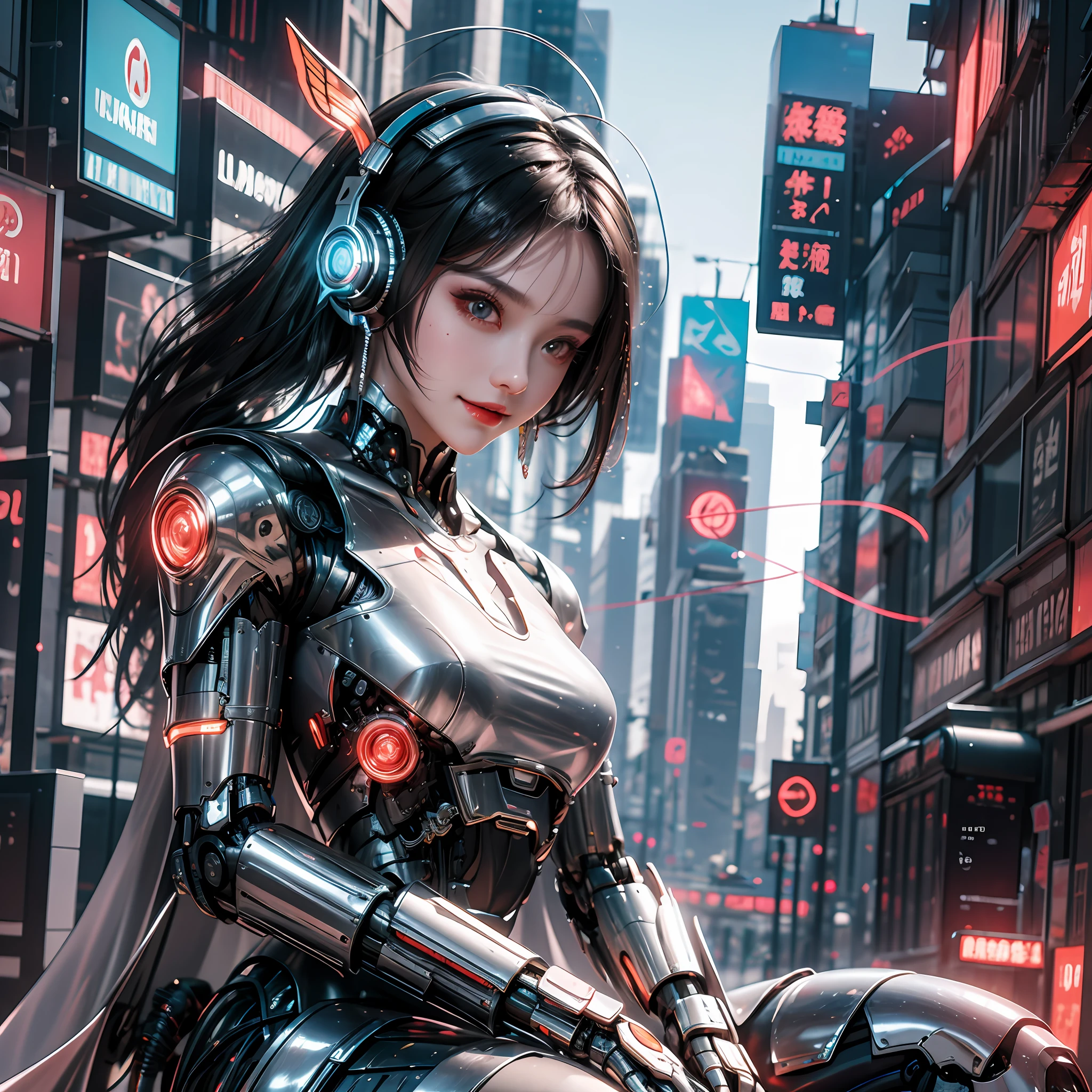 1 girl, Chinese_clothes, metallic black titanium and crimson, cyberhan, cheongsam, cyberpunk city, dynamic pose, detailed luminescent headphones, luminous hair accessories, long hair, luminous earrings, glowing necklace, cyberpunk, high-tech city, full of mechanical and futuristic elements, futurism, technology, glowing neon, red, red light, sexy skirt, transparent black cape, laser light, digital background city sky, big moon, with vehicles, best quality, masterpiece, 8K, Character edge light, super high detail, high quality, the most beautiful woman in human beings, smile, face facing forward and left and right symmetry, ear corner decoration, long antenna glow, beautiful pupils, light effects, visualization data, silver-red-orange hair dyed hair, ultra-detailed facial texture, happy, weapon system, crowded street passers-by, mecha style, wearing a luminous antenna on the head, deep eyes, girly sitting posture