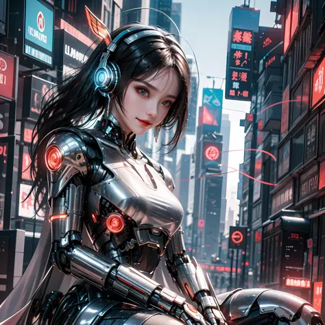 1 girl, Chinese_clothes, metallic black titanium and crimson, cyberhan, cheongsam, cyberpunk city, dynamic pose, detailed lumine...