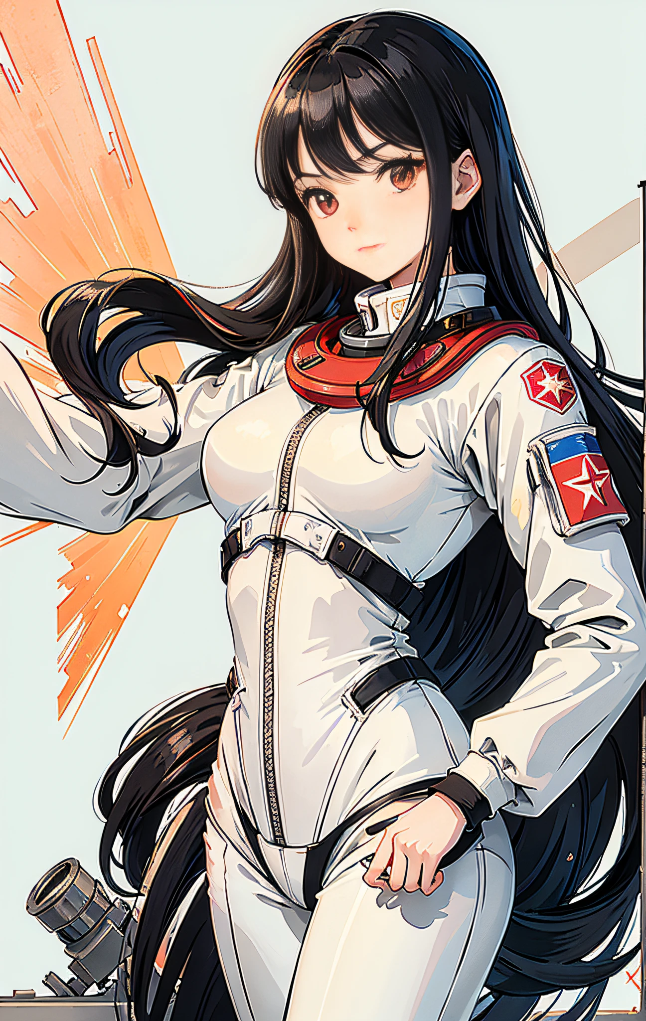 1girl,flat_breasts,cute,beautiful detailed eyes,shiny hair,visible through hair,hairs between eyes, CCCPposter, sovietposter,red monochrome,soviet poster, soviet,communism,
Black_hair,red_eyes,vampire,teenage,poorbreast,Spacesuit:Orange_clothing_body:jumpsuit),white_gloves, white_space shoes, white_helmet, the CCCP red letters on the top of helmet, weightlessness, Side light, reflection, The person in the spacesuit is at the bottom left of the frame, The right hand is outstretched, the right hand gently touches the Salyut space station), Space station in the upper right corner of the screen, Reflected light from the sun, Silver metal,red flag, brilliance,USSR style, diffuse reflection, Metallic texture, The vista is a blue Earth,mecha style,the sea of star,high tone, magnificent