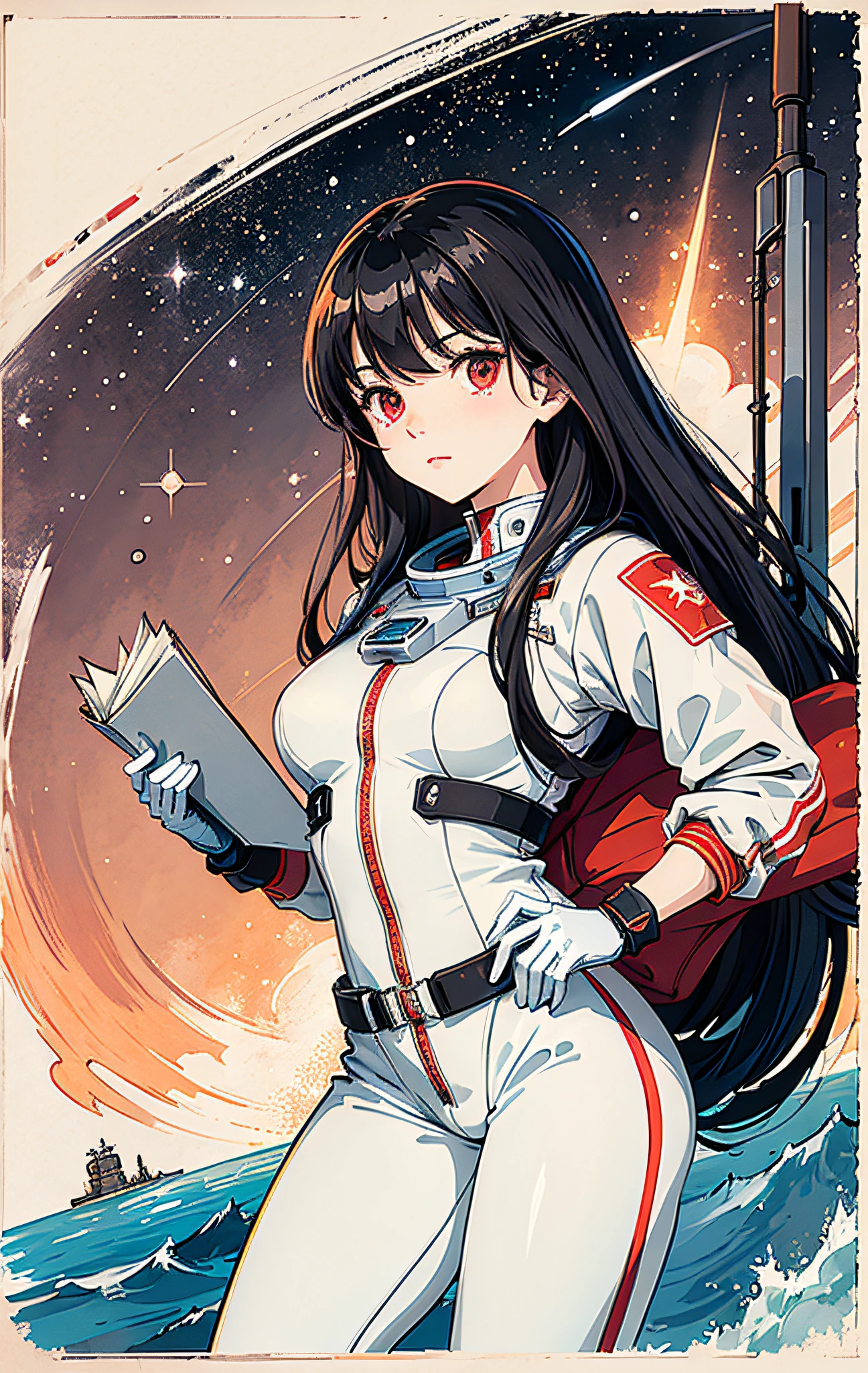 1girl,flat_breasts,cute,beautiful detailed eyes,shiny hair,visible through hair,hairs between eyes, CCCPposter, sovietposter,red monochrome,soviet poster, soviet,communism,
Black_hair,red_eyes,vampire,teenage,poorbreast,Spacesuit:Orange_clothing_body:jumpsuit),white_gloves, white_space shoes, white_helmet, the CCCP red letters on the top of helmet, weightlessness, Side light, reflection, The person in the spacesuit is at the bottom left of the frame, The right hand is outstretched, the right hand gently touches the Salyut space station), Space station in the upper right corner of the screen, Reflected light from the sun, Silver metal,red flag, brilliance,USSR style, diffuse reflection, Metallic texture, The vista is a blue Earth,mecha style,the sea of star,high tone, magnificent