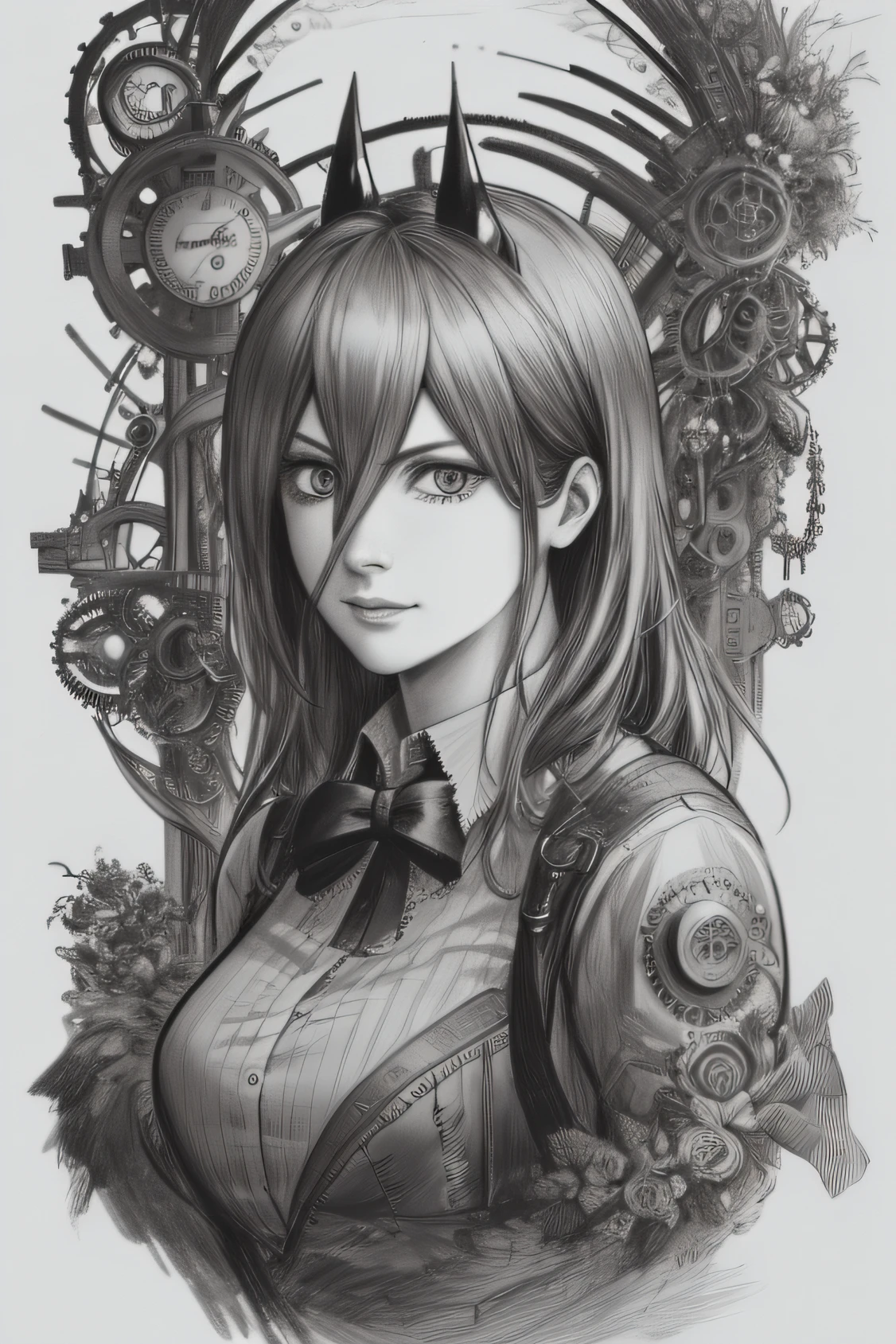 Un dessin au crayon 4K HDR captivant dans un style en niveaux de gris, représentant un personnage féminin puissant de Chainsaw Man dans une esthétique d&#39;inspiration steampunk. Le dessin met en valeur les détails complexes de sa puissance steampunk, avec des engrenages, Éléments mécaniques, et des motifs ornés finement intégrés à sa forme. Les coups de crayon apportent profondeur et texture au dessin, capturer l&#39;interaction de la lumière et de l&#39;ombre. La palette de niveaux de gris ajoute une qualité dramatique et intemporelle à l&#39;œuvre d&#39;art.. style: Dessin au crayon détaillé mettant l&#39;accent sur les traits et les ombrages complexes, mettant l&#39;accent sur l&#39;esthétique steampunk et la puissance du personnage. exécution: Créé à l’aide de crayons de haute qualité sur du papier à grain fin, utiliser diverses techniques d&#39;ombrage pour obtenir une représentation réaliste de l&#39;esthétique steampunk et capturer le pouvoir du personnage féminin de Chainsaw Man.