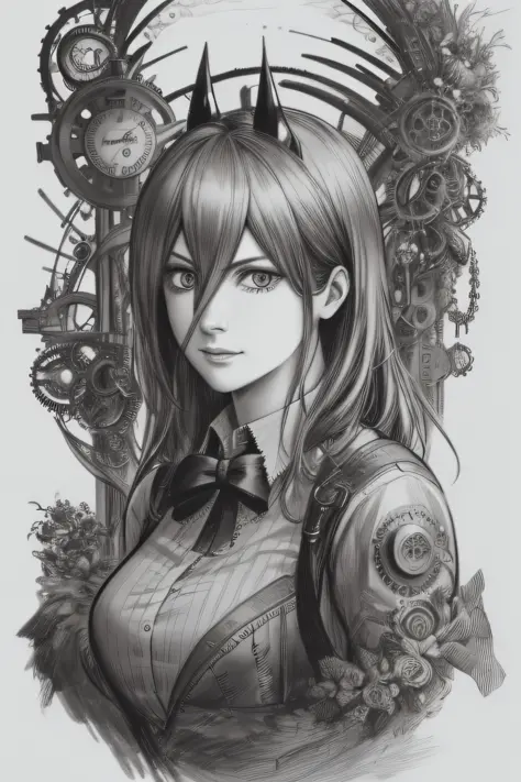 A captivating 4K HDR pencil drawing in a greyscale style, depicting a powerful female character from Chainsaw Man in a steampunk...