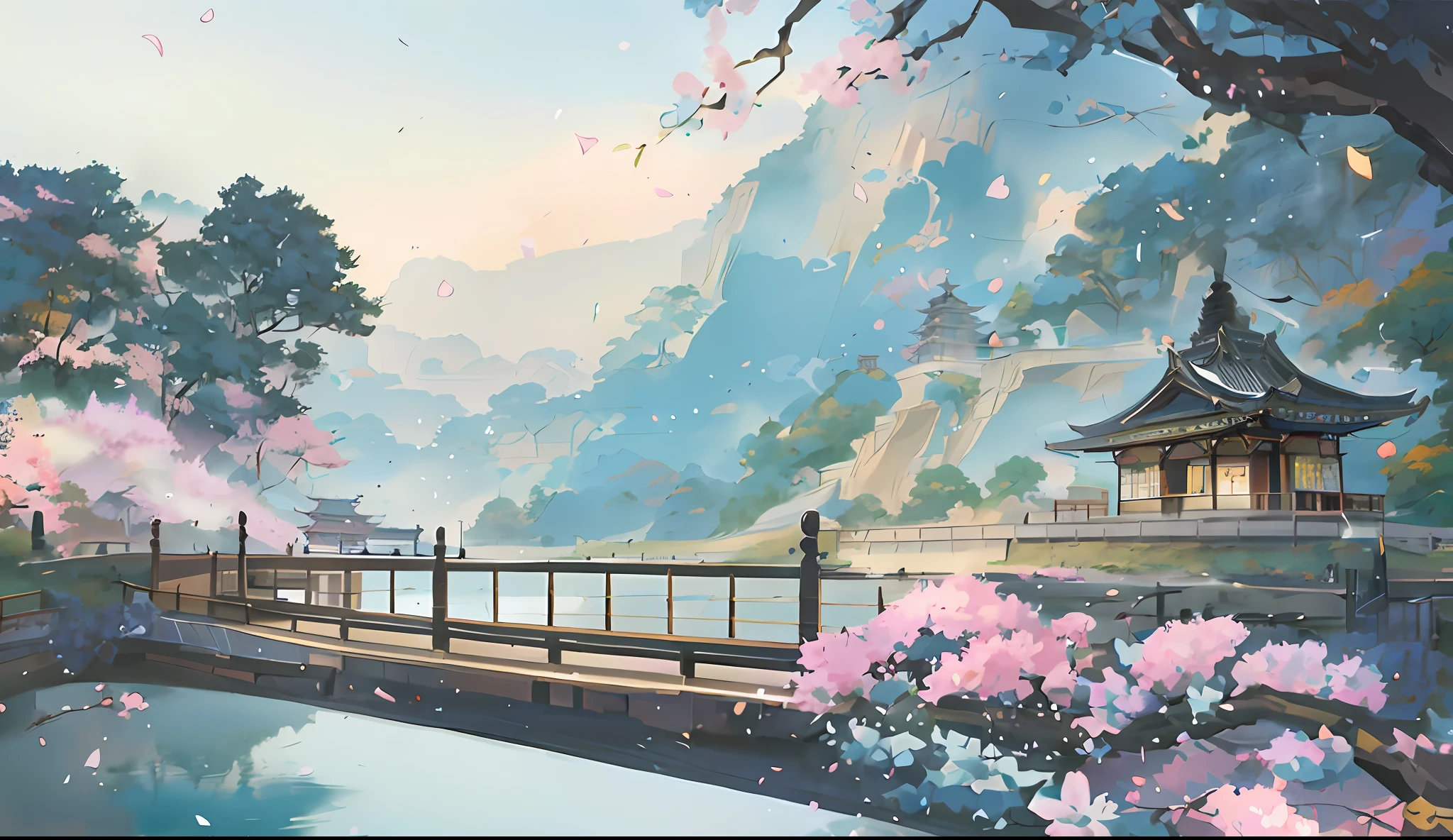 Pintura de un puente sobre el río，Al fondo hay una pagoda, hermoso arte uhd 4k, pintura detallada 4k, obra de arte del paisaje, fondos de pantalla de paisajes anime, Paisaje animado, anime hermosa escena de paz, arte del paisaje detallado, fondo de pantalla de arte anime 4k, pintura digital de una pagoda, fondo de pantalla de arte anime 4k, Arte de fondo animado, fondo de pantalla de arte anime 8 k