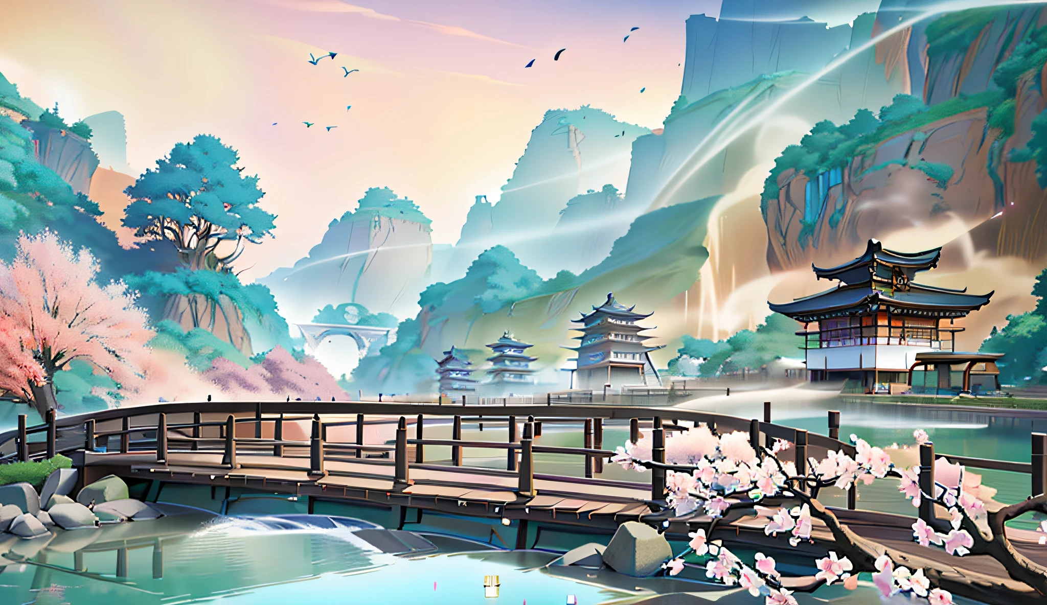 Painting of a bridge over the river，In the background is a pagoda, Beautiful art UHD 4 K, Detailed painting 4 K, landscape artwork, anime landscape wallpapers, Anime landscape, anime beautiful peace scene, scenery art detailed, Anime art wallpaper 4k, digital painting of a pagoda, Anime art wallpaper 4 K, Anime background art, Anime art wallpaper 8 K