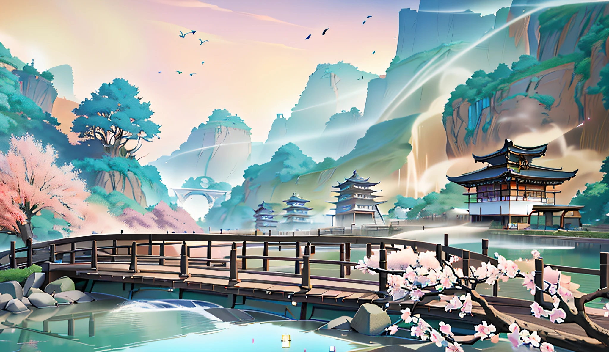 Pintura de un puente sobre el río，Al fondo hay una pagoda, hermoso arte uhd 4k, pintura detallada 4k, obra de arte del paisaje, fondos de pantalla de paisajes anime, Paisaje animado, anime hermosa escena de paz, arte del paisaje detallado, fondo de pantalla de arte anime 4k, pintura digital de una pagoda, fondo de pantalla de arte anime 4k, Arte de fondo animado, fondo de pantalla de arte anime 8 k