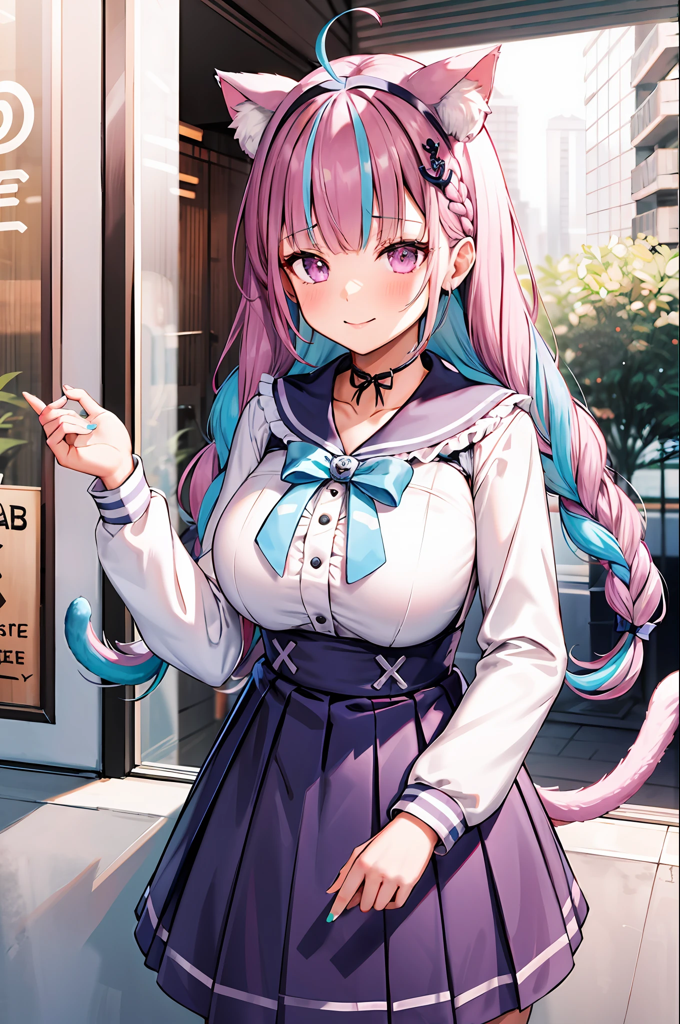 Masterpiece, Best quality, A high resolution,  side-lighting, 1girll, minato aqua, Virtual YouTuber, Tail, Animal ears, Cat ears, Long hair, Purple eyes, Braid, ahoge, Cat tail, Skirt, multicolored hair, Double up braid, Blue hair,  two tone color hair, shairband, tail ornament, tail ribbon, Pink hair, Anchor hair accessories, ribbon, Sailor collar, school uniform, Pleated skirt, bow, Cat girl, double tails, Large breasts, bangs, Upper body, Cafe, Smile,