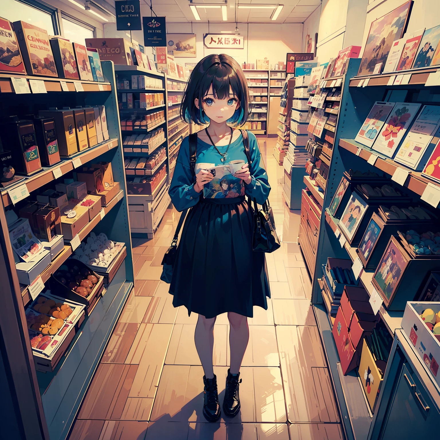 (Masterpiece, Top quality, Best quality, offcial art, Beautiful and aesthetic:1.2), (1girll:1.3), extreme detailed details,Colorful,highest details, From above, Solo, 1 girl standing in the store，There are a lot of stuffed toys and bags of things on the shelves, Depth of field, fisheyelens