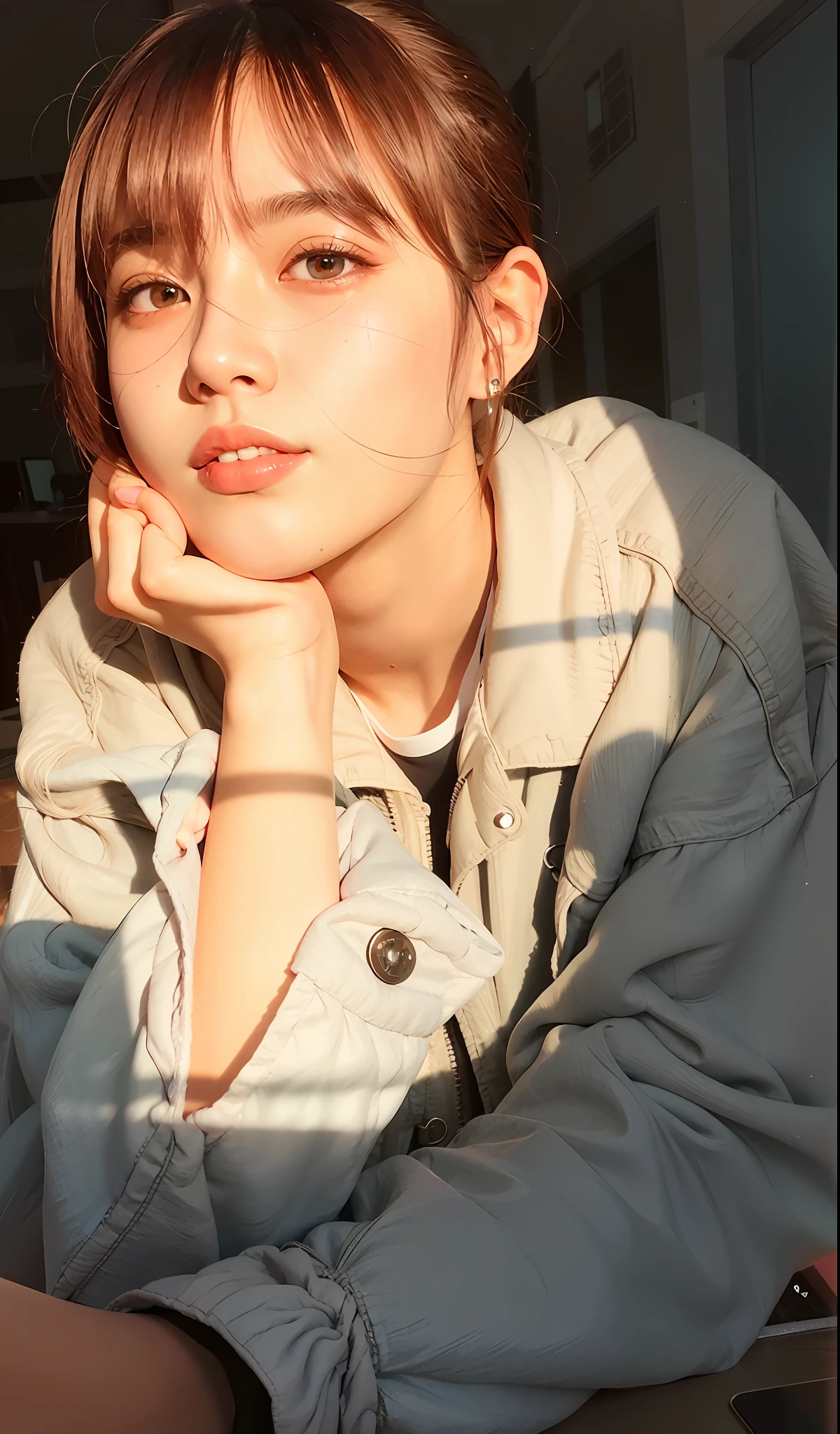 there is a woman sitting at a table with a cell phone, jinyoung shin, cai xukun, lofi portrait at a window, 🤤 girl portrait, sun yunjoo, ulzzang, hot with shining sun, jinyoung shin aesthetic, on a sunny day, afternoon sunlight, male ulzzang, with the sun shining on it, kim doyoung, morning lighting