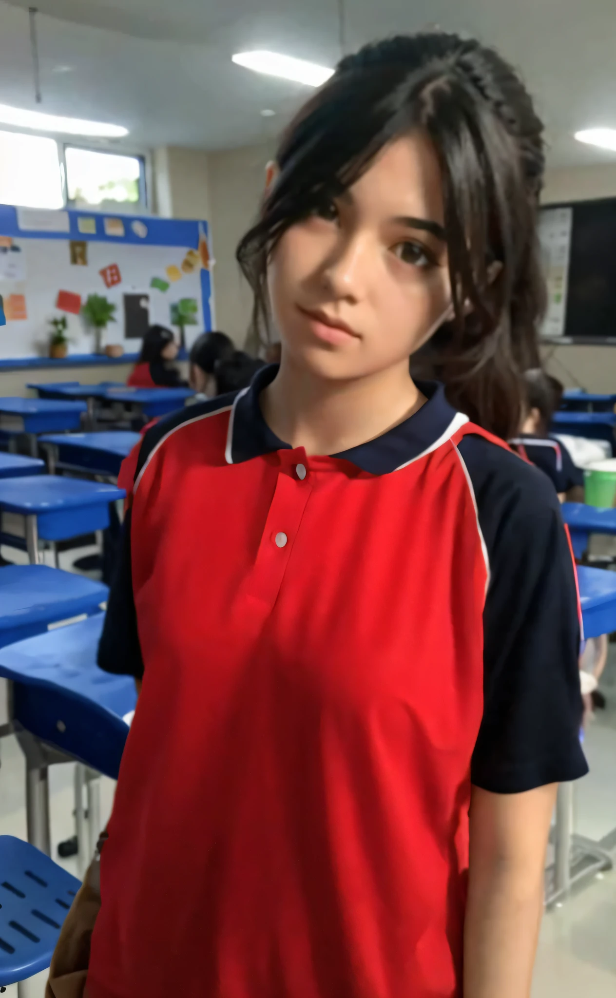 There is a young girl standemg em the classroom，A mesa é azul, em , Estudantes do surrealismo, girl em uniform, linda aluna,olhos grandes，figura alta