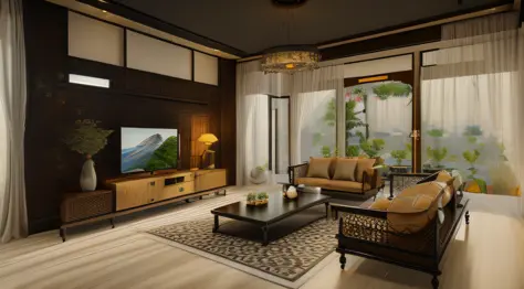 ((Best quality, 8k, Masterpiece :1.3)) (living room indochina BLACK Wood design: 1.3)  glossy black wooden furniture  , sofa , p...