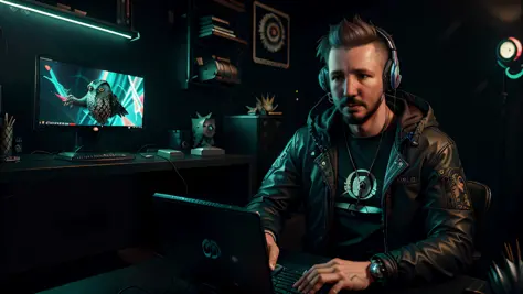 a man wearing a black jacket, with headphones, sitting in front of a computer, computer in the background, cyberpunk style, with...