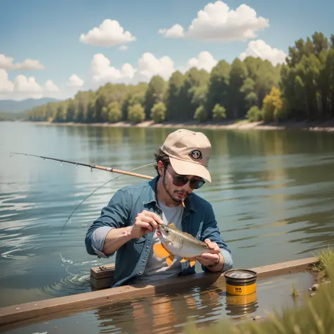 Man fishing Drop wheel Fishing cocked mouth River bank Smoking with sunglasses