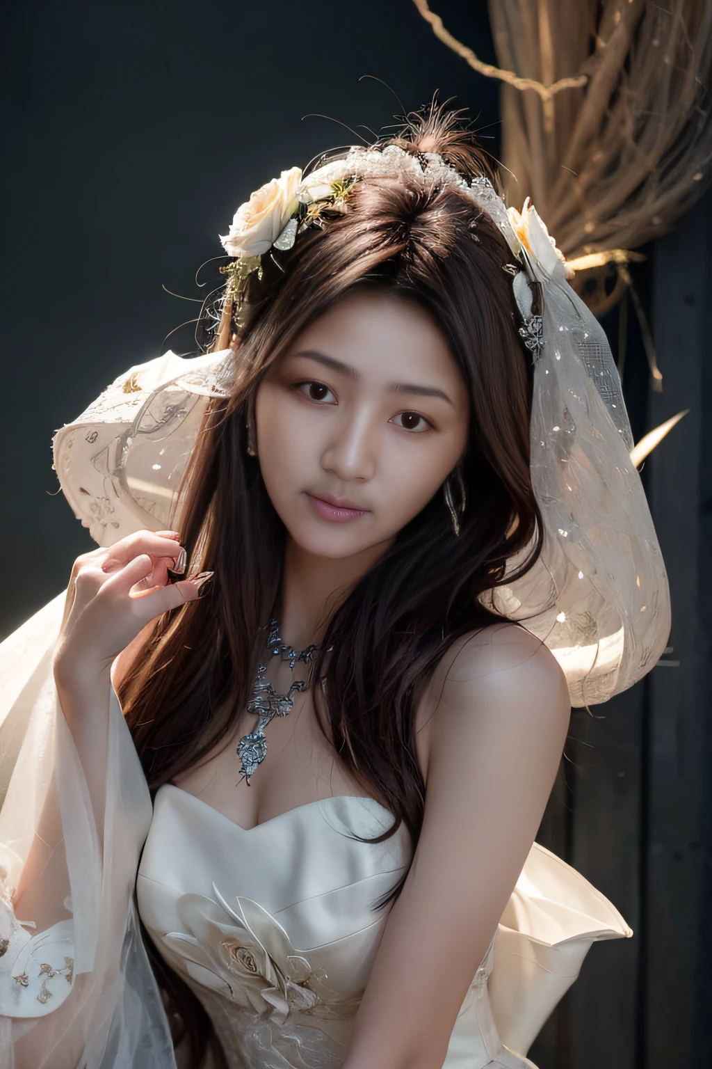 Alafi woman in white dress，A veil is worn over his hair，Flowers on the hair, portrait of female korean idol, tzuyu from twice, Choi Hyun-hwa, hwang se - on, Lee Ji-eun, lee ji eun, korean artist, jaeyeon nam, Beautiful young Korean woman, Gorgeous young Korean woman, young wan angel, Kwak Ji-young