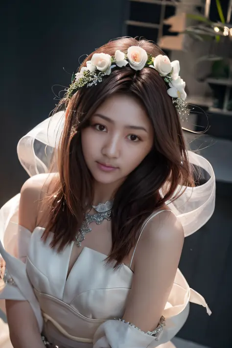 alafi woman in white dress，a veil is worn over his hair，flowers on the hair, portrait of female korean idol, tzuyu from twice, c...