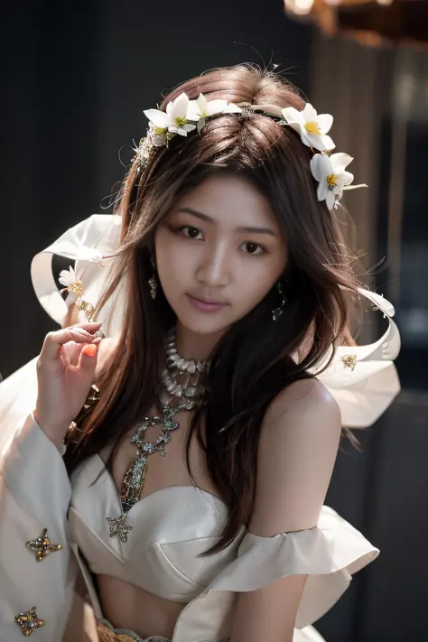 alafi woman in white dress，a veil is worn over his hair，flowers on the hair, portrait of female korean idol, tzuyu from twice, c...