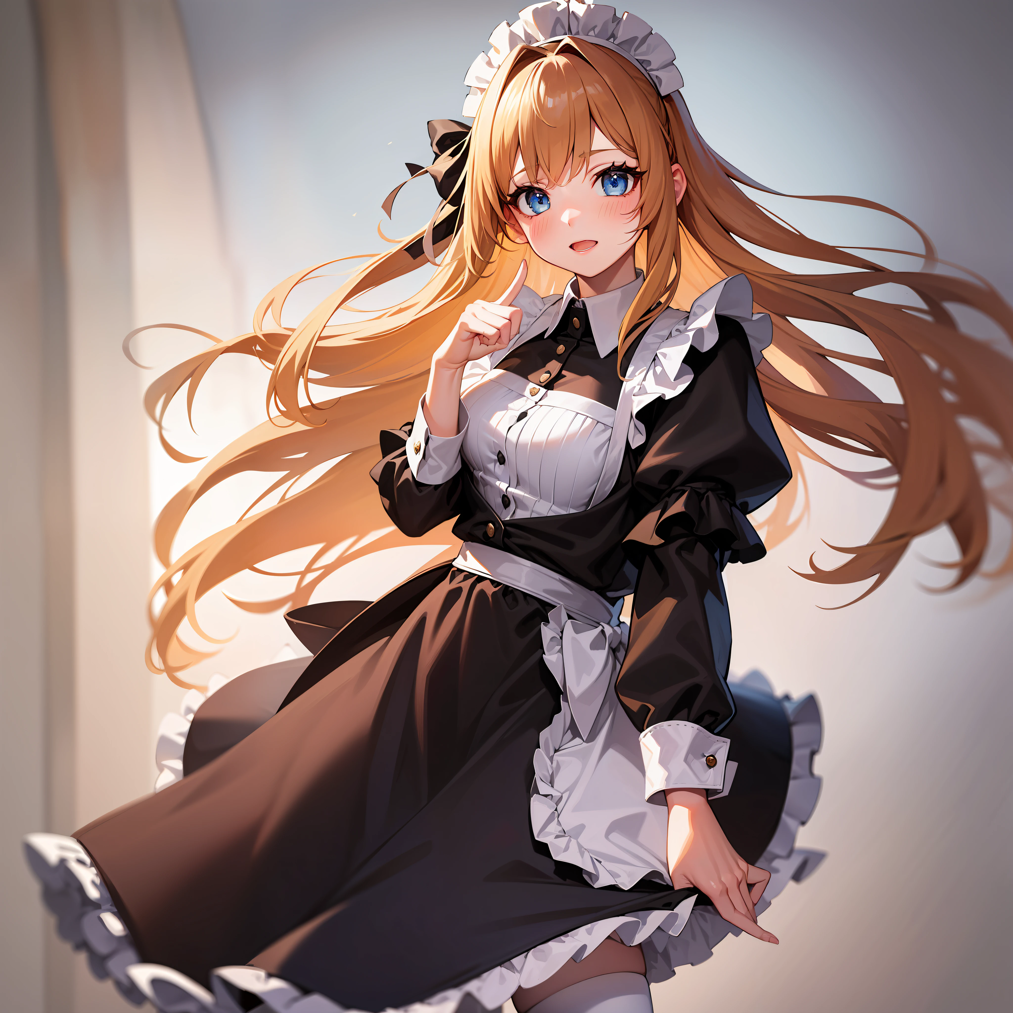 A young girl,blond hairbl,blue color eyes,the maid outfit,A masterpiece,Finger details,with a faint blush face,white stockings,painting of beautiful,high qulity,highly  detailed,Detailed eyes,Perfect skin,Floating hair,Treated hair,Horizontal viewing angle