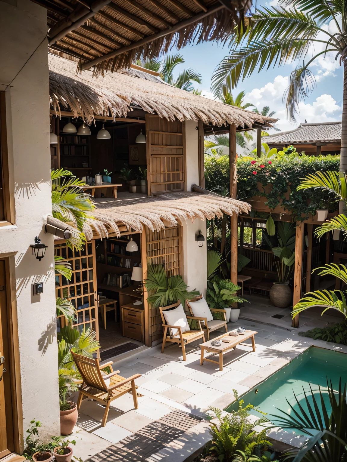 From above, sunlight streams onto the villa's bookshop through the rattan roof. Woven panels allow dappled light to filter through, illuminating displays on shelves below. Verdant potted palms reach up towards the skylights.

The adjacent coffee lounge area is sheltered by a thatched palm roof, its bamboo supports allowing the balmy breeze to pass through. Mismatched wicker chairs sit clustered around low tables.

Looking down through the open layout, customers can be seen curled up with books in hammock chairs or sipping drinks in the lounge. The tranquil koi pond is visible, framed by the shop's flowering vines.

From this bird's eye view, one can appreciate how every element - the natural materials, tropical flora, and cozy spaces - come together to create a place emanating both serenity and charm. The jewel-like refuge is perfectly nestled within the surrounding jungle.