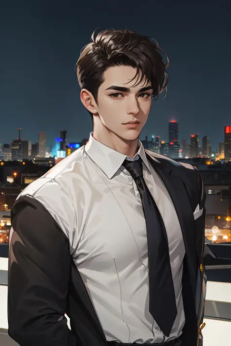 realistic, (absurdres, highres, ultra detailed), 1 male, solo, mature, tall muscular guy, broad shoulders, handsome, very short hair, black hair, pomade, brown eyes, angular jaw, thick neck, thick eyebrows, night, dark, the night view of the city backgroun...