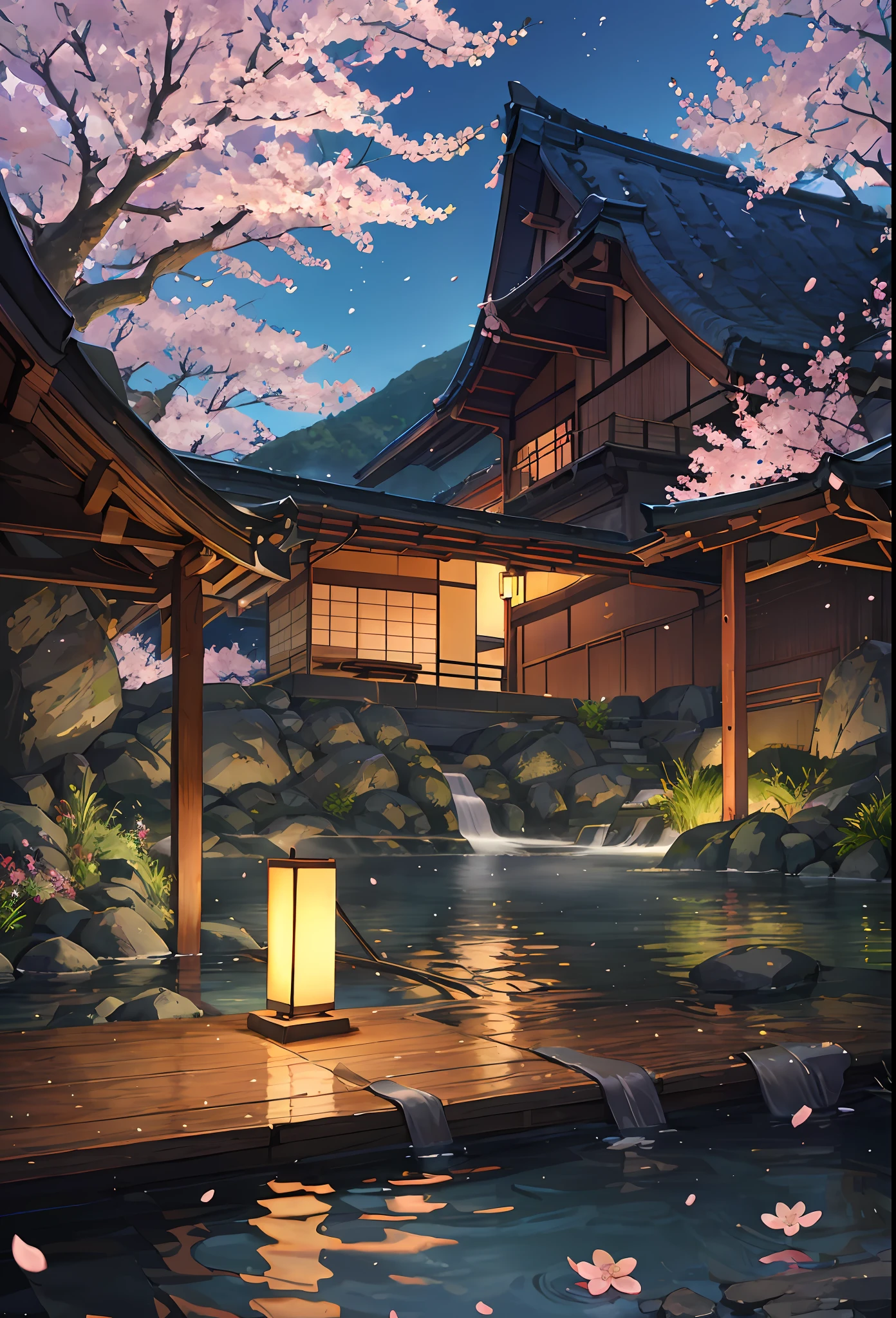 A Painting Of A Japanese House With A Pond And A Waterfall - Seaart Ai