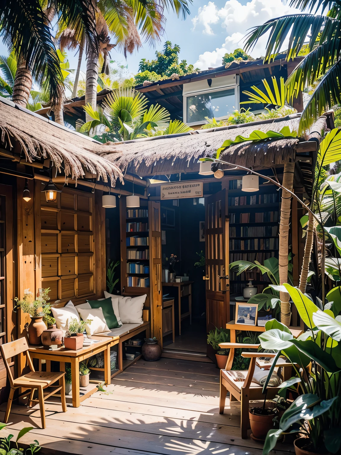 The villa's spacious bookshop is a secluded haven eagerly awaited by arriving guests. Floor-to-ceiling teakwood bookshelves house a curated selection of works spanning beloved regional authors, scientific journals on biodiversity, and hand-bound books of local folk tales.

Scattered throughout the shop, woven banana leaf chairs invite leisurely browsing while tree-shaped lamps cast a warm glow over the wooden aisles. An entire section features field guides to identifying jungle birds, flowers, trees, and medicinal plants.

Near the entrance, a tea stand offers hot ginger tea in ceramic mugs to take while wandering the shop's bountiful selection. Through the ash wood framed windows, one can spy toucans and monkeys playing in the canopy as the turn of a page transports the reader deeper into tropical literature.

The villa's bookshop provides a uniquely immersive literary experience that intrinsically connects with its lush natural setting. For bibliophiles, it's a dream secluded faraway in paradise.