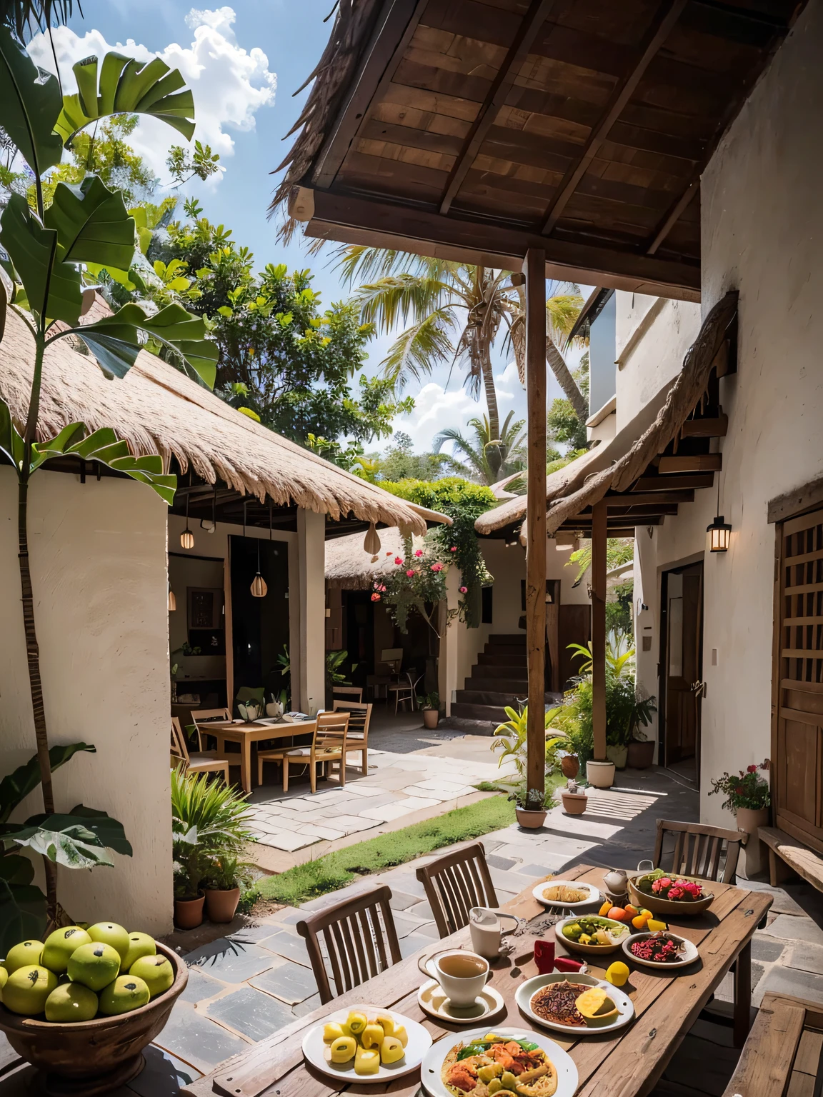 Up a winding staircase amid the treetops, the villa's breezy sky terrace houses the breakfast buffet. Under thatched roofing, woven lanterns sway above natural wood tables displaying colorful local offerings.

Carved tropical fruit bowls brim with cubed papaya, mango, pineapple, and melons. Chia puddings layered with passionfruit and dragonfruit sit beside pitchers of ice cold coconut water. An omelet station features farm fresh eggs and just-picked vegetables.

The space seamlessly melds indoors and out. Gentle orchestral music mixes with birdsong from the sprawling jungle canopy just beyond the terrace's infinity edge. Guests relax on linen cushions while thoughtfully sourcing plates of island flavors and sipping coffee from handmade ceramic mugs.

The sky terrace's abundant offerings and treetop setting make for a rejuvenating yet peaceful start to the day.