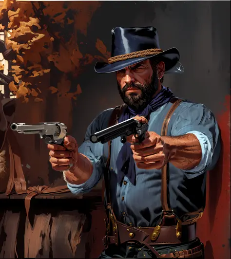 R3DD34Dstyle, digital portrait, 1 man, big beard, two silver revolvers, dark blue shirt,black scarf black, cowboy hat with a rop...